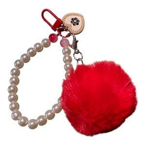 Red Pom Pom Keychain with Pearl Purse Charm